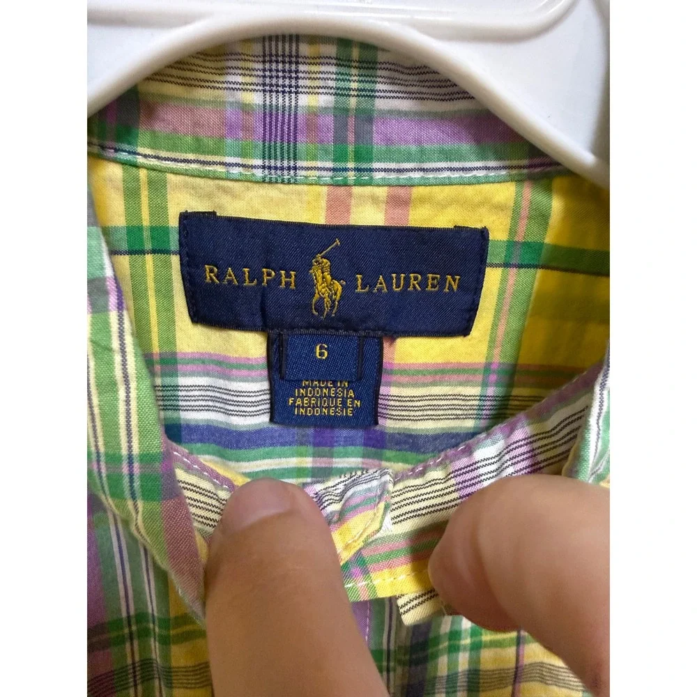 Ralph Lauren Boys Madras Plaid Shirt Yellow Green Short Sleeve Button Down Sz‎ 6